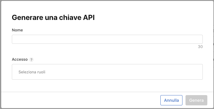 popup per la generazione di una chiave api